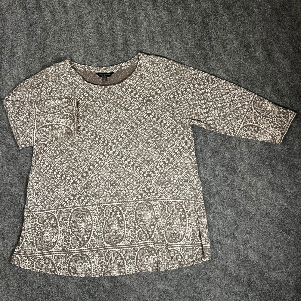 Lucky Brand Womens 1X Brown Paisley Geometric Print 3/4 Sleeve Knit Top